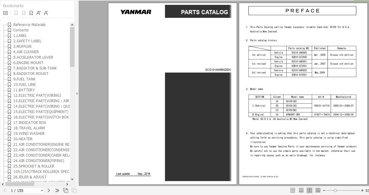Yanmar Crawler Backhoe SV100 Parts Catalog 0CS10 M45602EN 1
