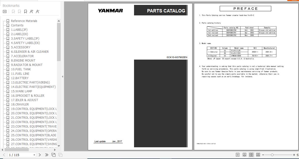 Yanmar Crawler Backhoe VIO15 2 Parts Catalog 0CK10 M37902EN 1