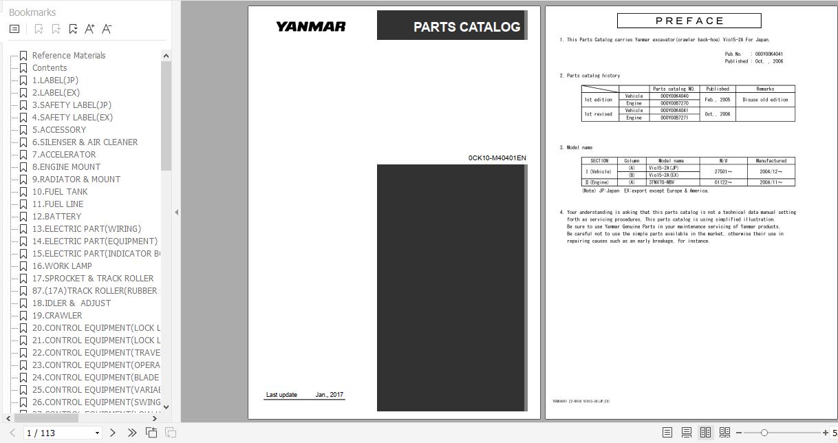 Yanmar Crawler Backhoe VIO15 2A Parts Catalog 0CK10 M40401EN 1