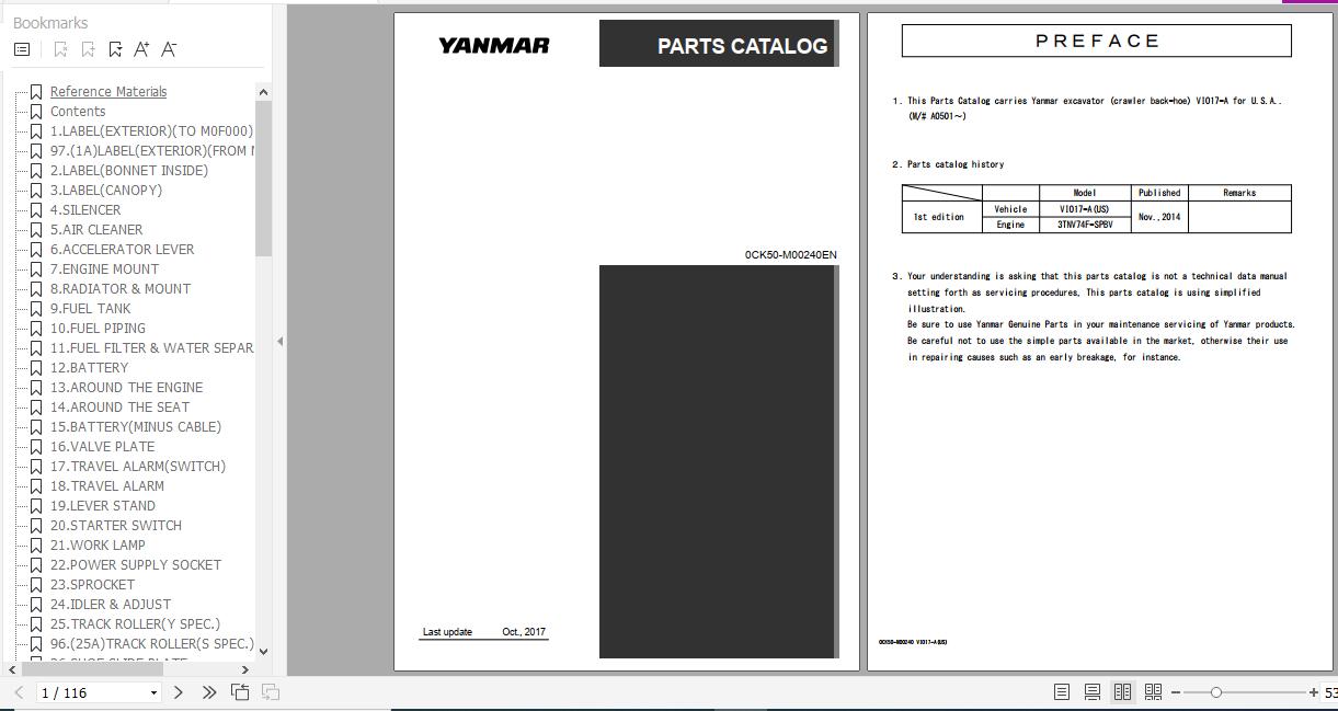 Yanmar Crawler Backhoe VIO17 A Parts Catalog 0CK50 M00240EN 1