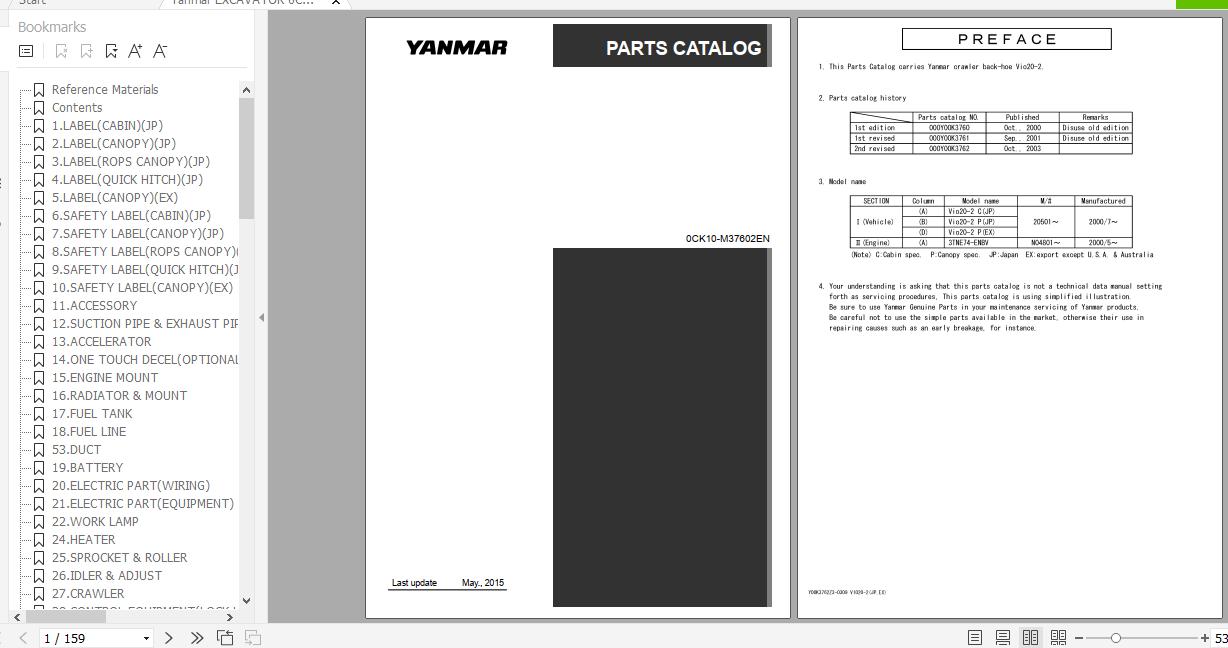 Yanmar Crawler Backhoe VIO20 2 Parts Catalog 0CK10 M37602EN 1