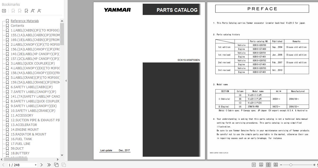 Yanmar Crawler Backhoe VIO20 3 Parts Catalog 0CK10 M39703EN 1