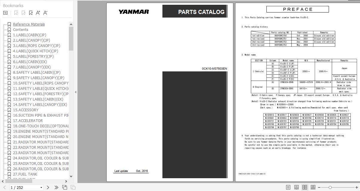Yanmar Crawler Backhoe VIO35 2 Parts Catalog 0CK10 M37503EN 1
