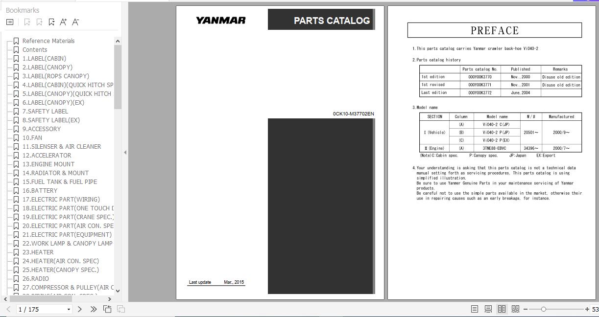Yanmar Crawler Backhoe VIO40 2 Parts Catalog 0CK10 M37702EN 1