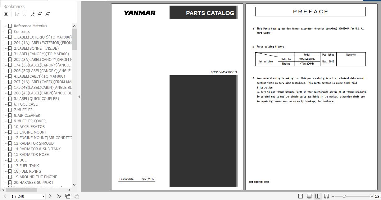 Yanmar Crawler Backhoe VIO45 6A Parts Catalog 0CS10 M59200EN 1