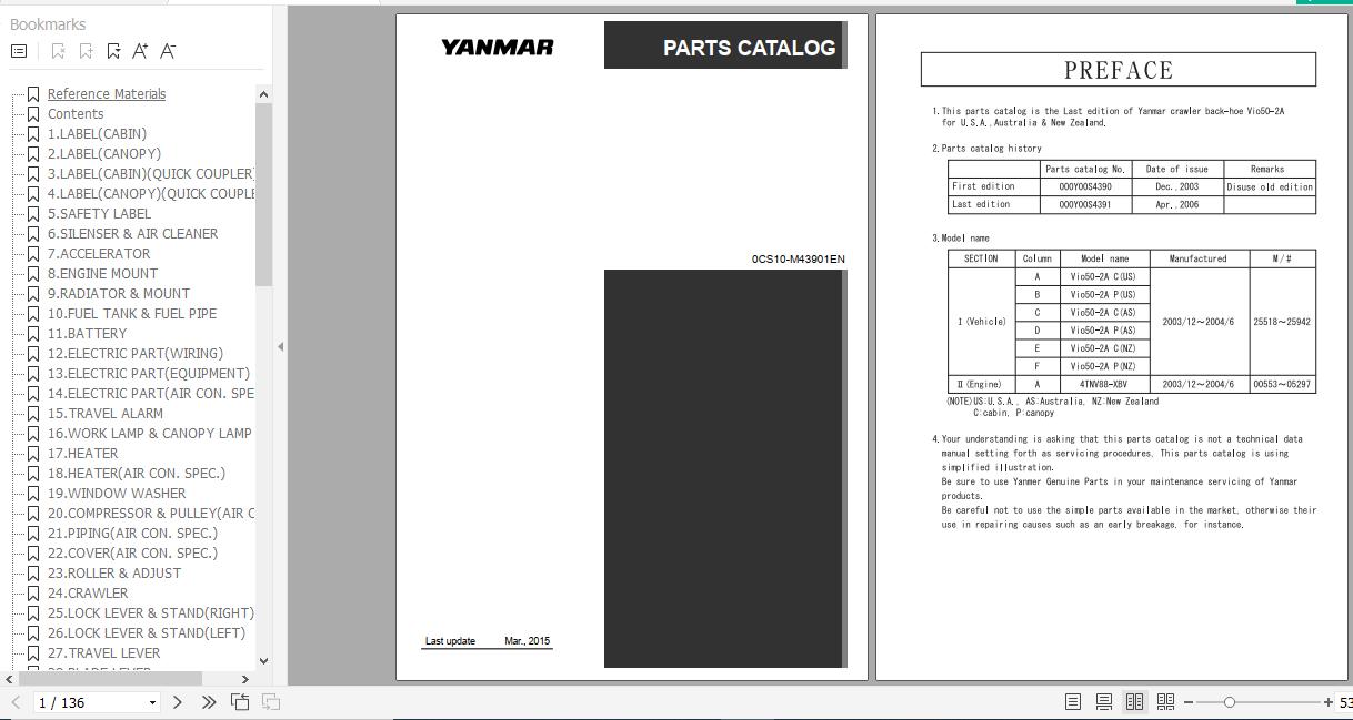 Yanmar Crawler Backhoe VIO50 2A Parts Catalog 0CS10 M43901EN 1
