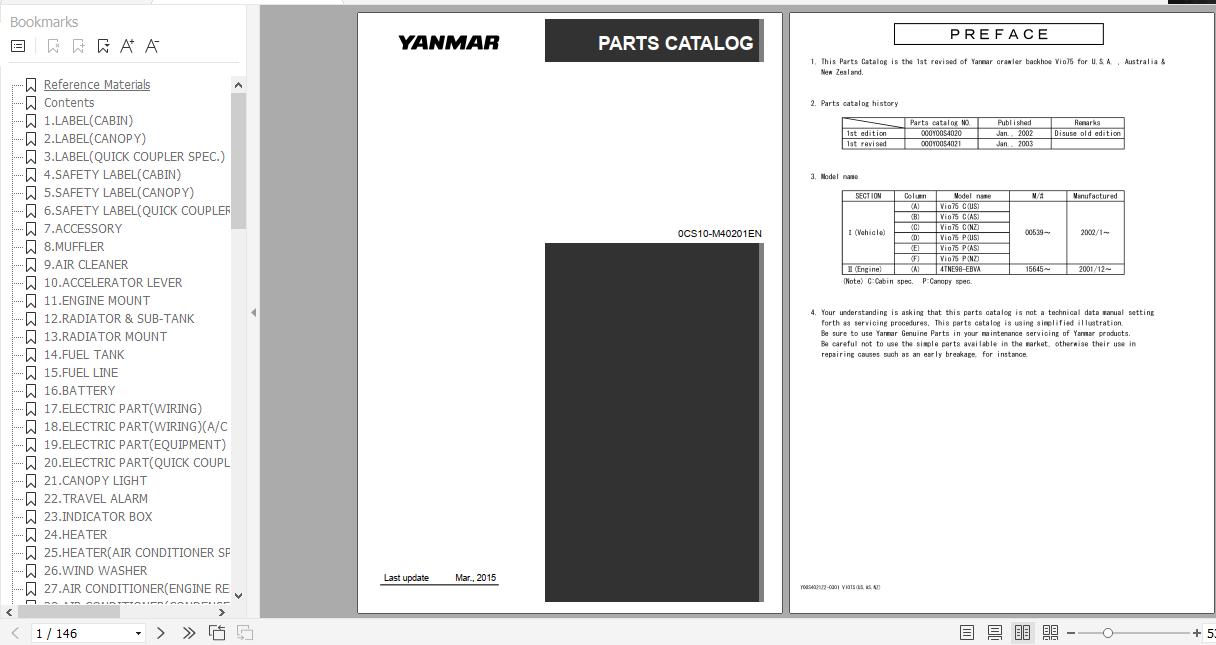 Yanmar Crawler Backhoe VIO75 Parts Catalog 0CS10 M40201EN 1
