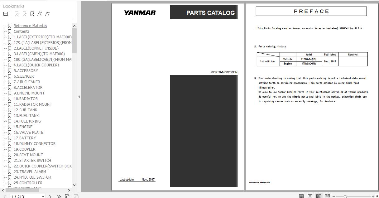 Yanmar Crawler Backhoe VIO80 1A Parts Catalog 0CK50 M00260EN 1