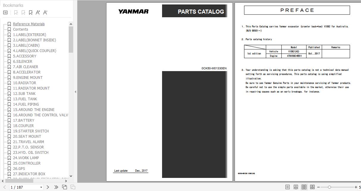 Yanmar Crawler Backhoe VIO82 Parts Catalog 0CK50 M01330EN 1