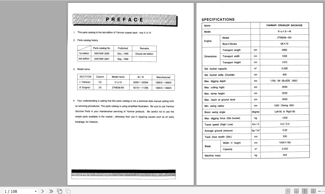 Yanmar Crawler Backhoe Vio10 Parts Catalog Y00K3291 1