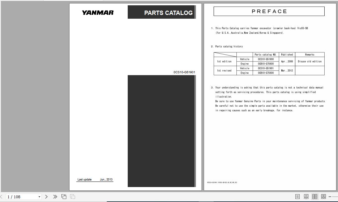 Yanmar Crawler Backhoe Vio55 5B Parts Catalog 1