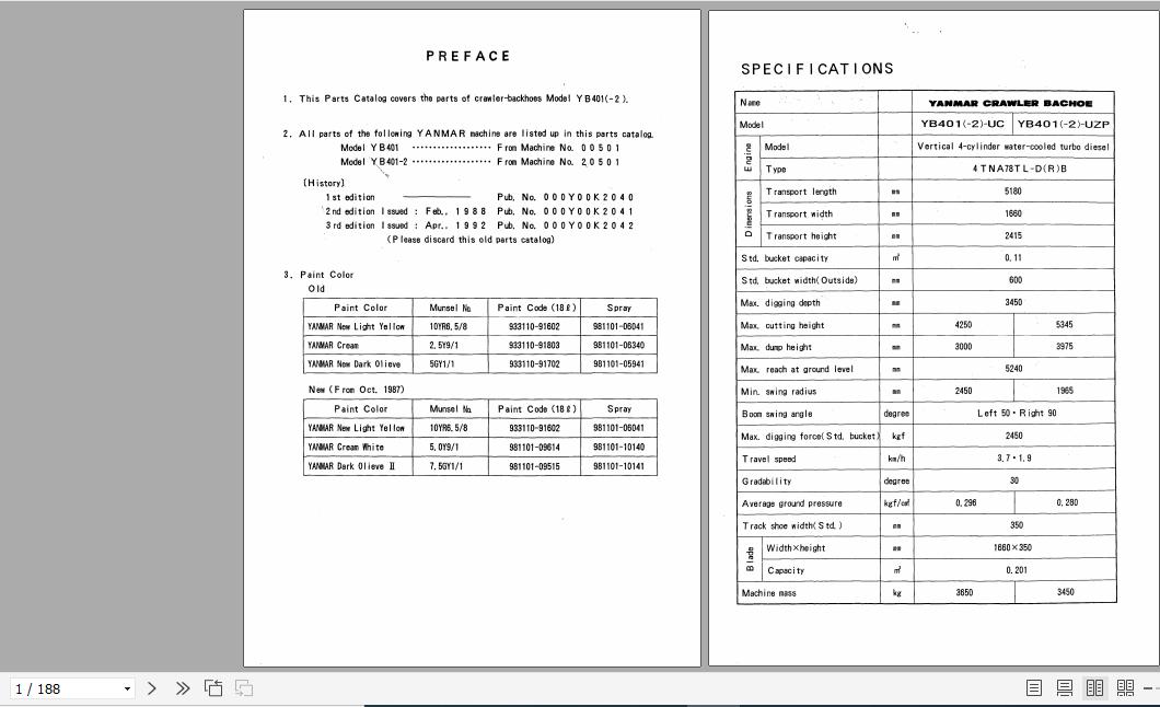 Yanmar Crawler Backhoe YB401 2 Parts Catalog Y00K2042 1
