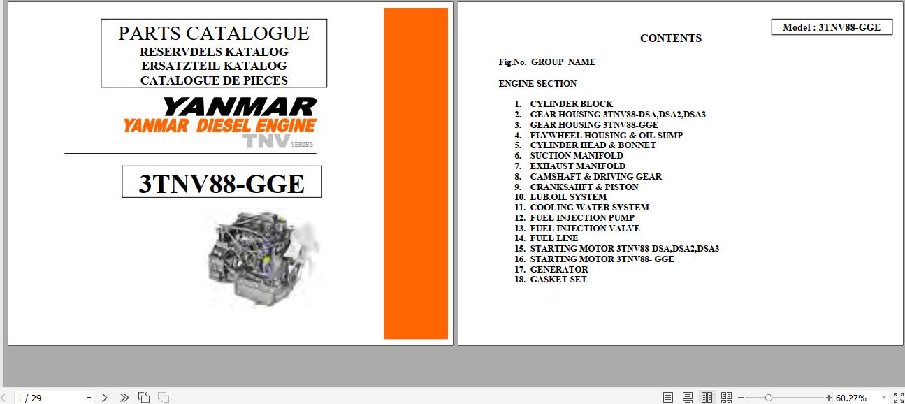 Yanmar Diesel Engine 3TNV88GGE Parts Catalogue