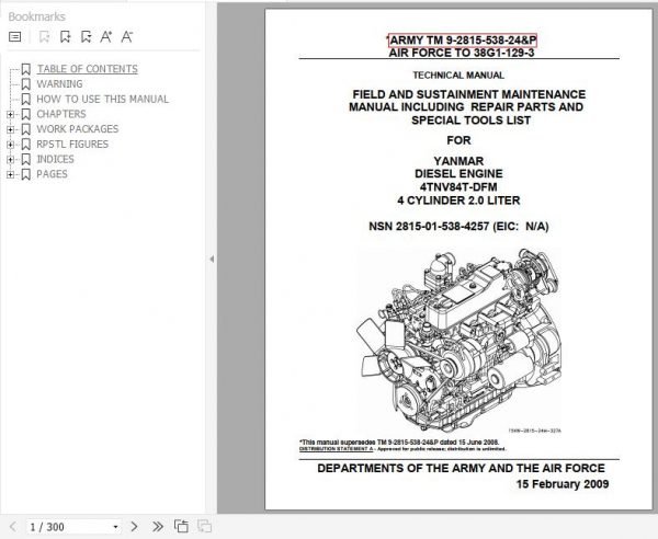 Yanmar Diesel Engine 4TNV84T DFM 4 Cylinder 2.0 Liter Technical Manual 1