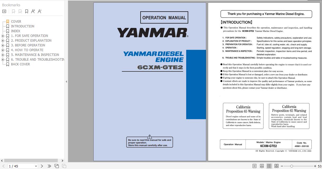 Yanmar Diesel Engine 6CXM GTE2 Operation Manual 49961 205100 1