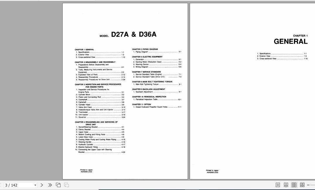 Yanmar Diesel OutBoard Motor D27A D36A Service Manual A0A2022 JC03 1