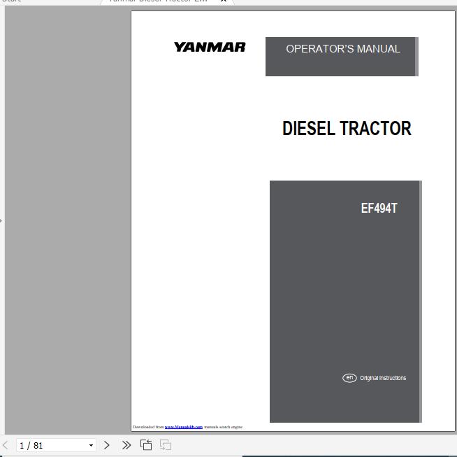 Yanmar Diesel Tractor EF494T Operators Manual 0A042 B00203 1