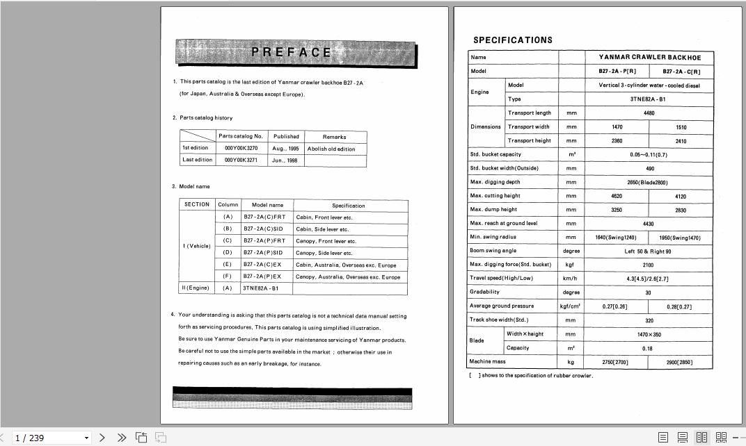 Yanmar ECrawler Backhoe B27 2A Parts Catalog Y00K3271 1