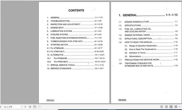 Yanmar Engine 4TNE94 98 106 Service Manual HINSHI H8013 R1 2