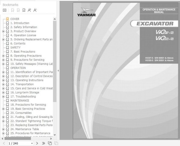 Yanmar Excavator ViO27 5 ViO 35 5 Operation Maintenance Manual 172A46 07310 1