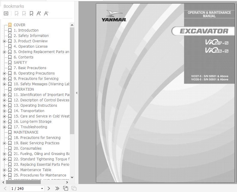 Yanmar Excavator ViO27 5 ViO 35 5 Operation Maintenance Manual 172A46 07310 1