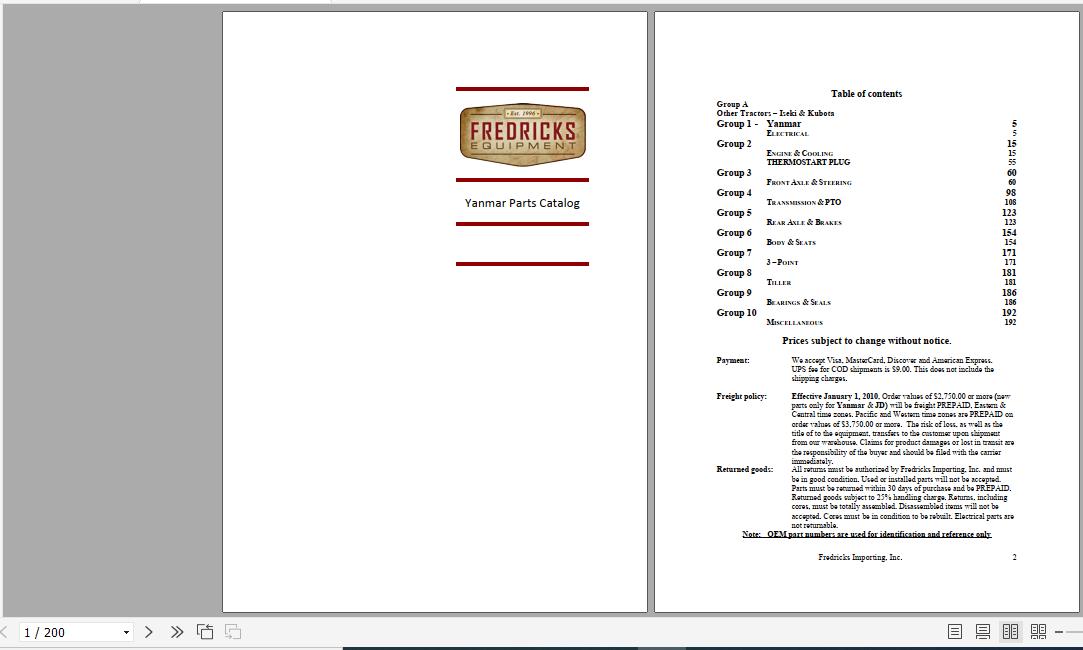 Yanmar Fredricks Importing Equipment Parts Catalog 1