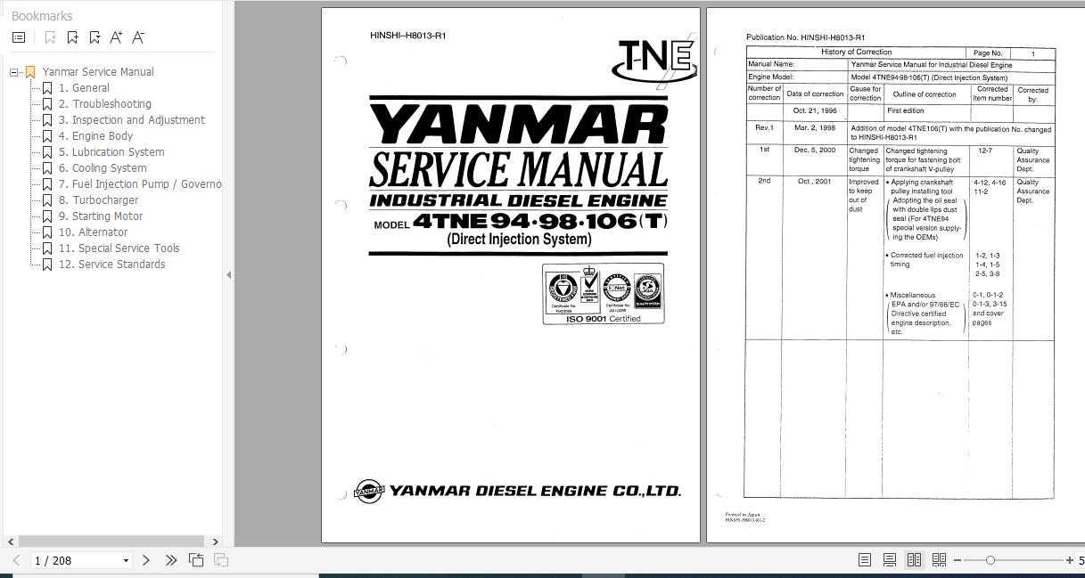 Yanmar Industrial Diesel Engines 4TNE94 98 106T Service Manual HINSHI H8013 R1 1