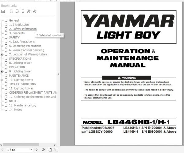 Yanmar Lighting Towers LB446HB 1 LB446H 1 Operation Maintenance Manual EN 1