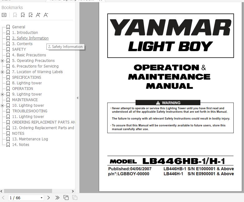 Yanmar Lighting Towers LB446HB 1 LB446H 1 Operation Maintenance Manual EN 1