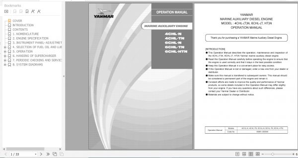 Yanmar Marine Auxiliary Engine 4CHL 6CHL Operation Manual 49961 300010 1