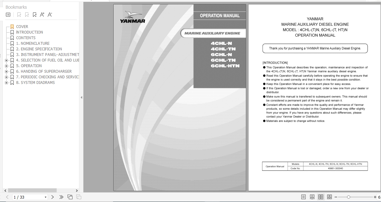 Yanmar Marine Auxiliary Engine 4CHL 6CHL Operation Manual 49961 300010 1