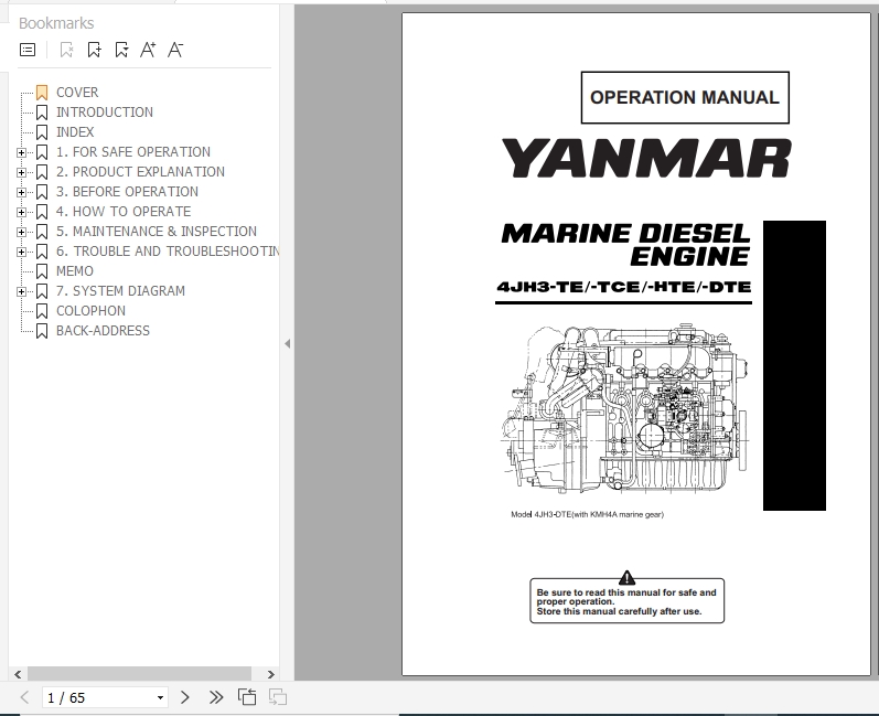 Yanmar Marine Diesel Engine 4JH3 TE TCE HTE DTE Operation Manual 9961 202851 1