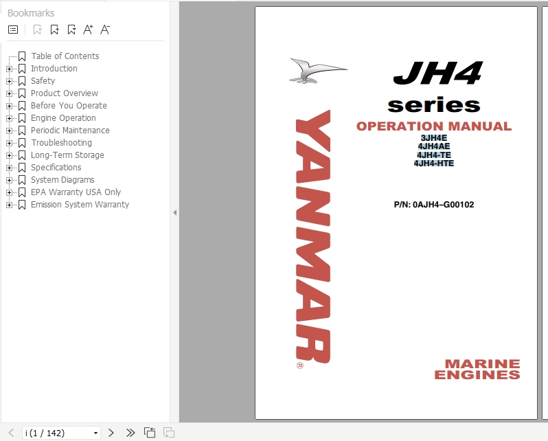 Yanmar Marine Engine JH4 Series Operations Manual 0AJH4 G00102 1
