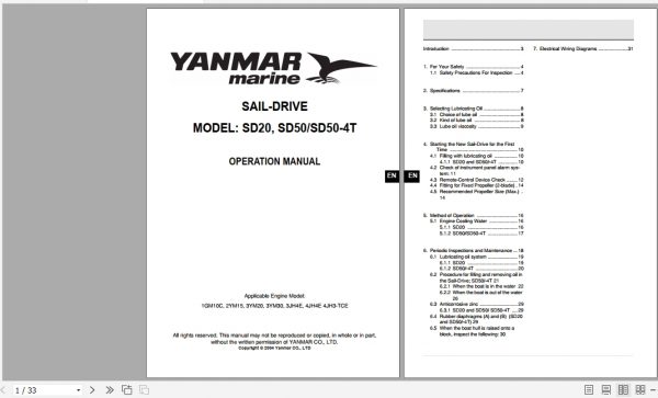 Yanmar Marine Sail Drive SD20 SD50 SD50 4T Operation Manual 1