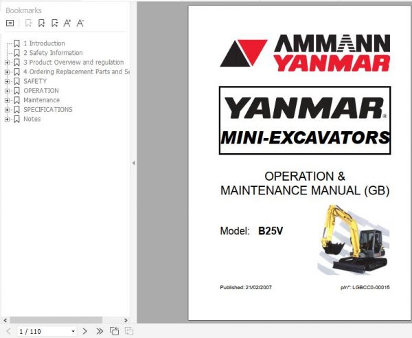 Yanmar Mini Excavator B25V Operation Maintenance Manual DE EN FR IT 1
