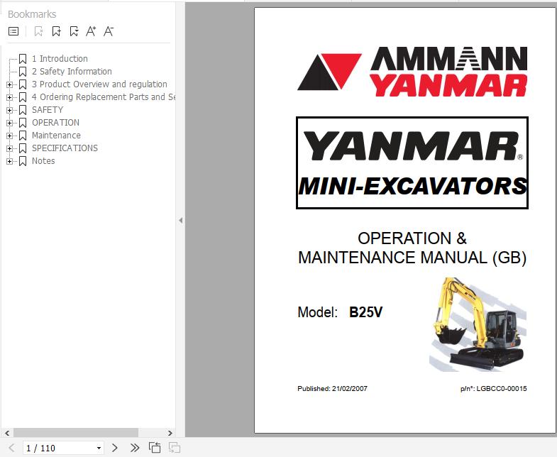 Yanmar Mini Excavator B25V Operation Maintenance Manual DE EN FR IT 1