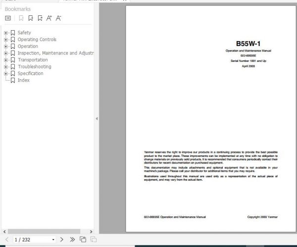 Yanmar Mini Excavator B55W 1 Operation Maintenance Manual EN 1