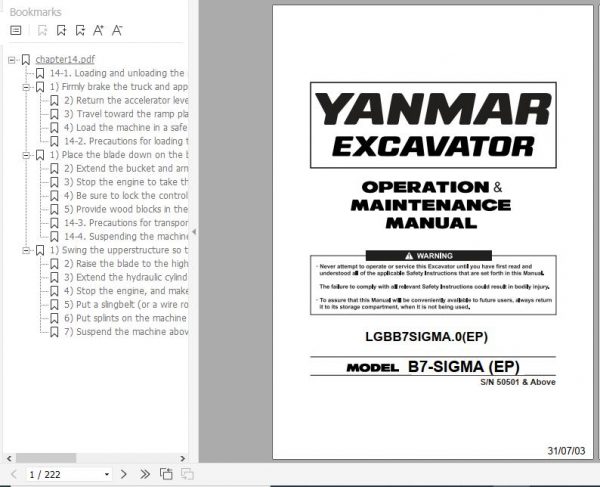 Yanmar Mini Excavator B7 Sigma Operation Maintenance Manual DE EN FR IT 1