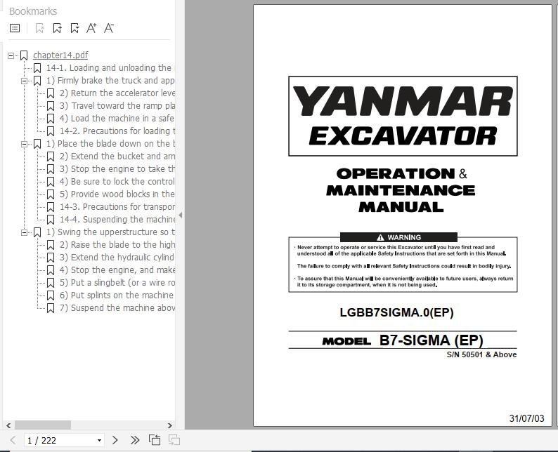 Yanmar Mini Excavator B7 Sigma Operation Maintenance Manual DE EN FR IT 1