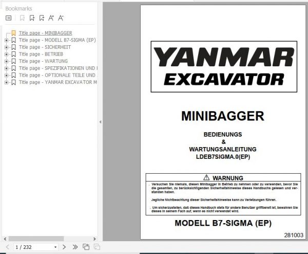Yanmar Mini Excavator B7 Sigma Operation Maintenance Manual DE EN FR IT 3