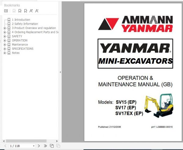 Yanmar Mini Excavator SV15 SV17 SV17EX Operation Maintenance Manual DE EN FR IT 1