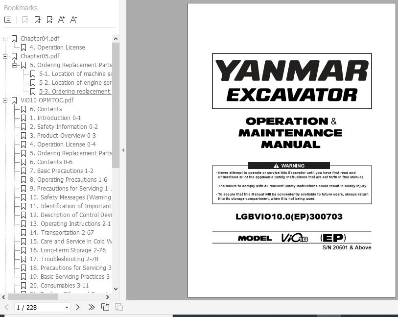 Yanmar Mini Excavator ViO10 Operation Maintenance Manual DE EN FR IT 1