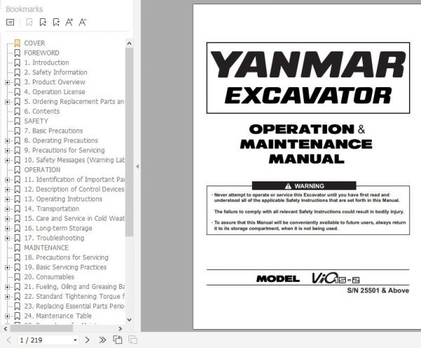 Yanmar Mini Excavator ViO15 2 Operation Maintenance Manual EN FR 1