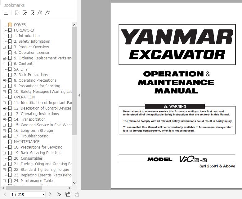 Yanmar Mini Excavator ViO15 2 Operation Maintenance Manual EN FR 1