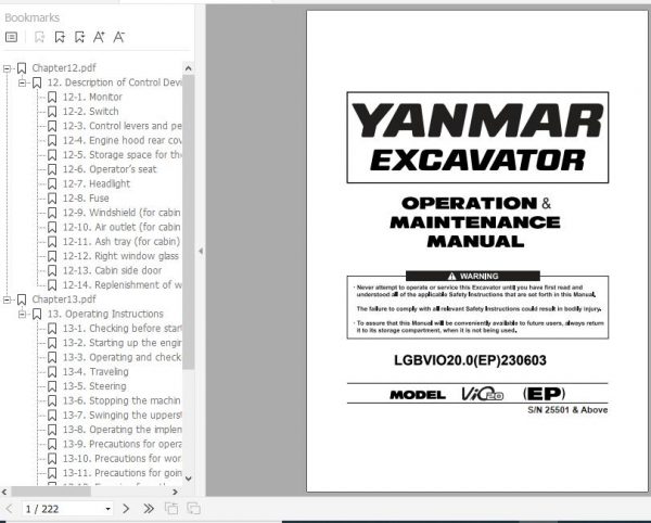 Yanmar Mini Excavator ViO20 Operation Maintenance Manual DE EN FR IT 1