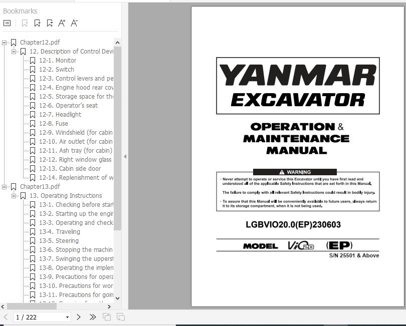 Yanmar Mini Excavator ViO20 Operation Maintenance Manual DE EN FR IT 1