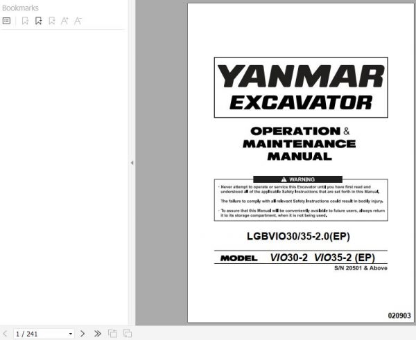 Yanmar Mini Excavator ViO30 2 ViO35 2 Operation Maintenance Manual DE EN FR IT 1
