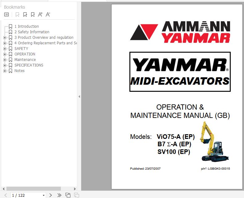 Yanmar Mini Excavator ViO75 A B7 S A SV100 Operation Maintenance Manual DE EN FR IT 1
