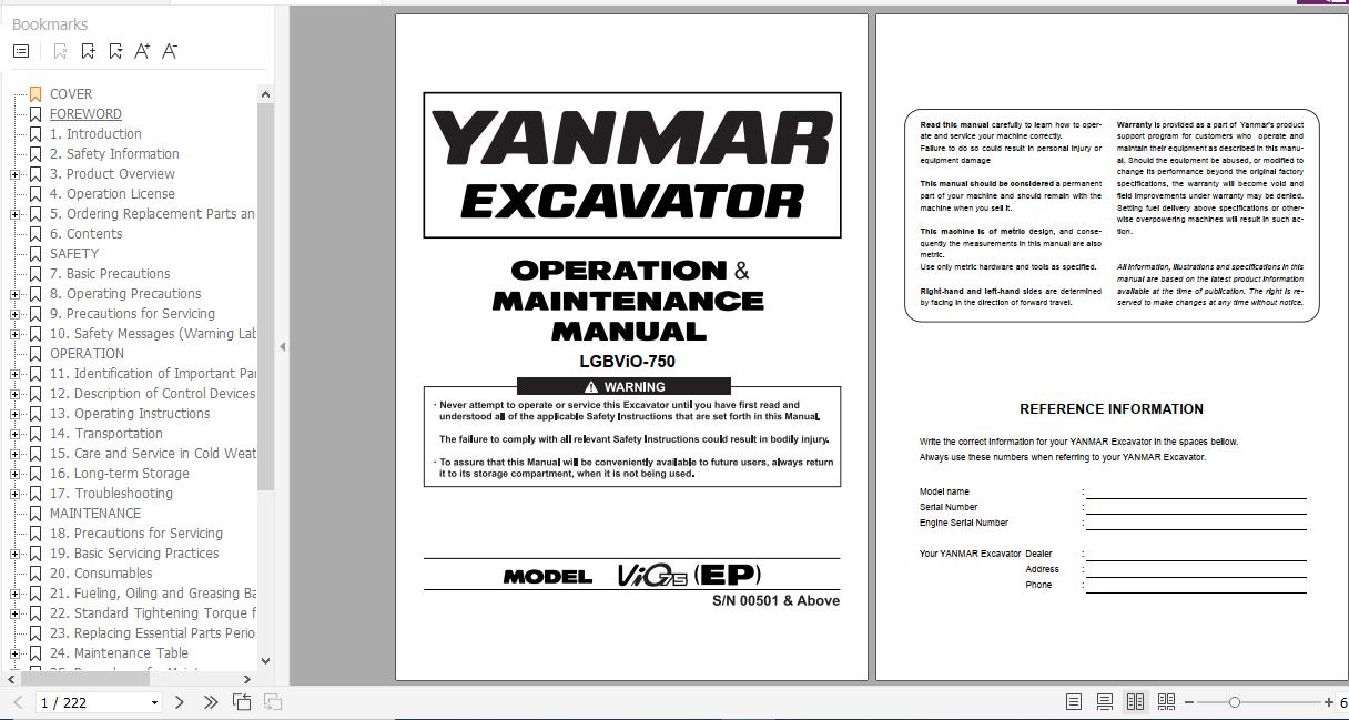 Yanmar Mini Excavator ViO75 Operation Maintenance Manual DE EN FR IT 1