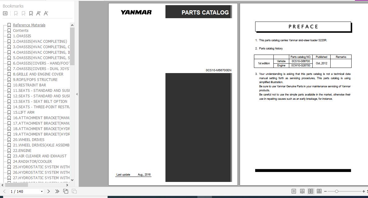 Yanmar Skid Steer Loader S220R Parts Catalog 0CS10 M56700EN 1